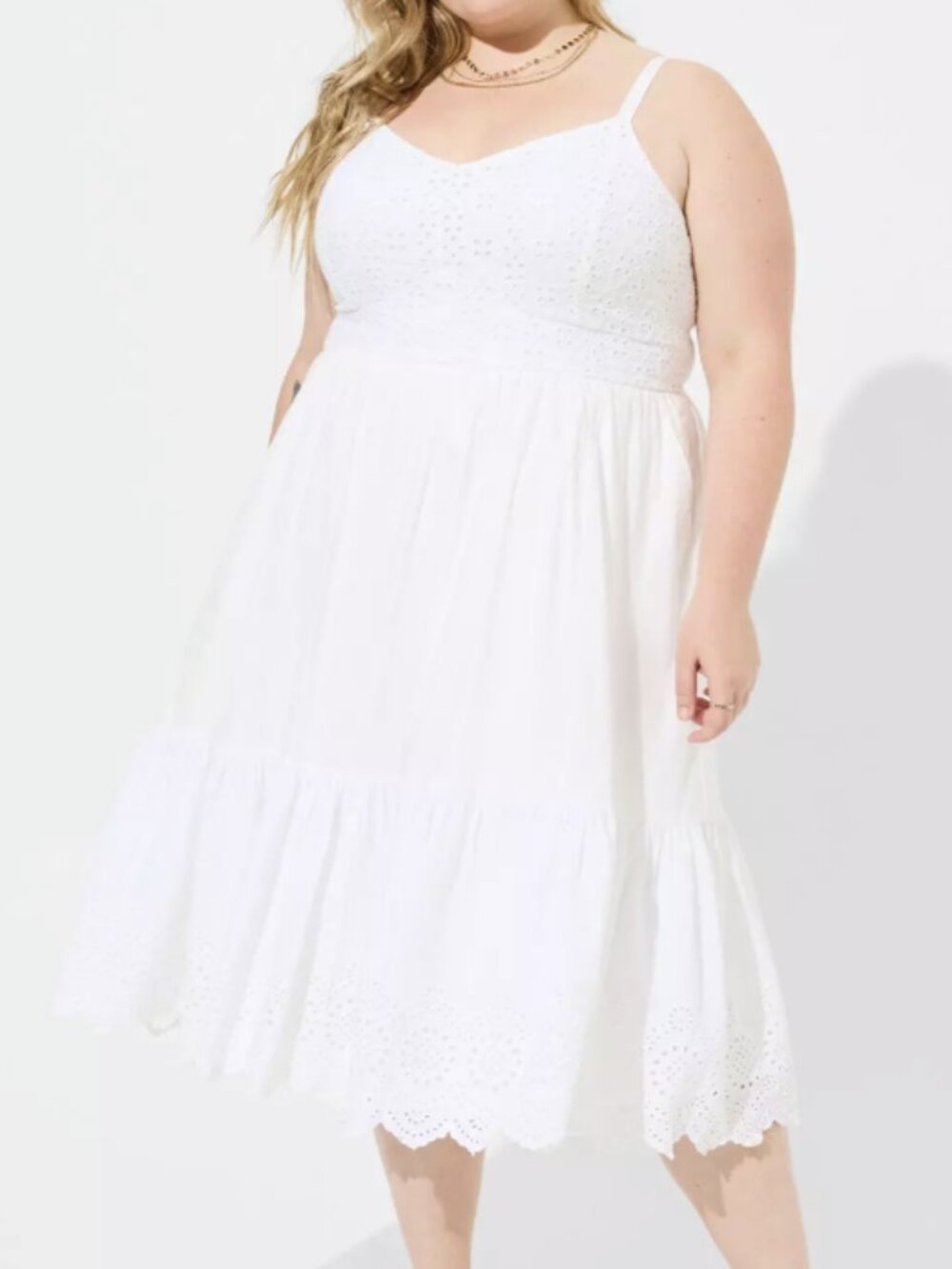 Torrid Festi Collection 2X Midi Dress White Eyelet & Gauze Lined Smocked Tiered